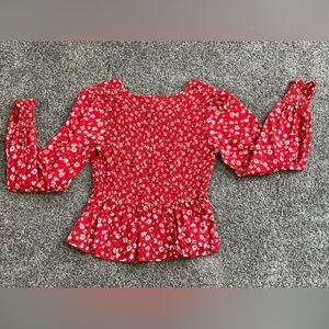 Red floral peplum blouse shirt top cinch empire waist XS long sleeve tunic